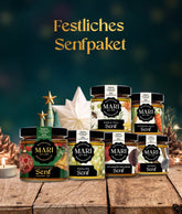 Festliches Senfpaket aus 180ml Honig-Dill, Pfeffer-Chili, Weihnachtsedition, Rieslingsenf, Pflaume-Walnuss und Feigensenf